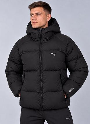 Чоловічий зимовий пуховик puma чорна  тепла непромокальна куртка на біопуху з капюшоном дутик