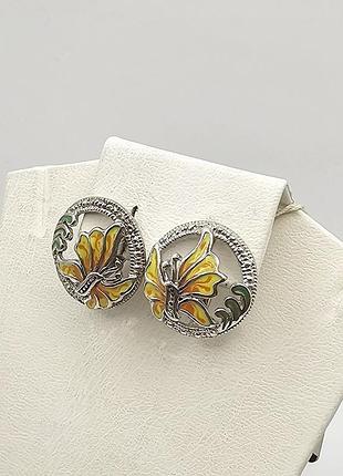 Сережки серебряные с фианитом и эмалью "бабочка" 5,8г