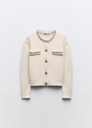 Кардиган жіночий zara в'язаний молочний зі стразами