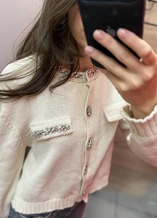 Кардиган жіночий zara в'язаний молочний зі стразами