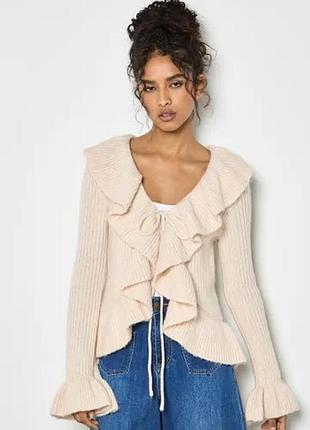Кардиган жіночий bershka на зав'язках бежевий, рюши, бант, завʼязки.