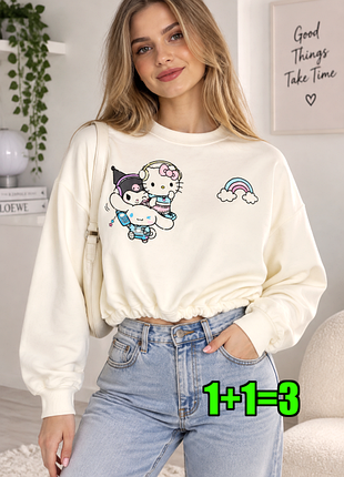 🤩1+1=3 стильний укорочений молочний жіночий світшот светр hello kitty, розмір 44 - 46