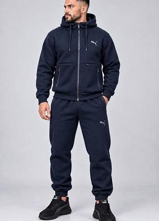 Чоловічий зимовий трикотажний спортивний костюм puma у насиченому темно синьому кольорі.