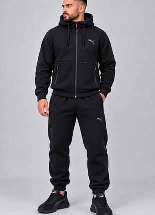 Чоловічий зимовий трикотажний спортивний костюм puma у насиченому чорному кольорі.