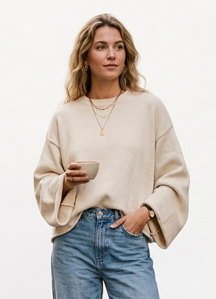 Світлий бежевий пуловер вільного крою, h&m, l