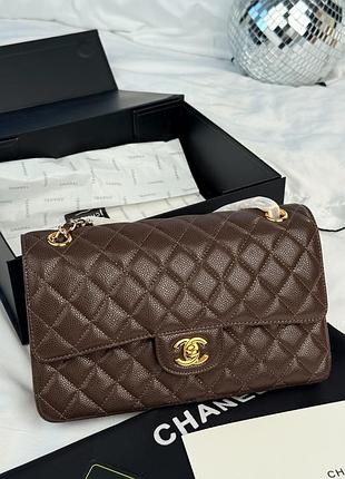 Сумочка шкіра chanel classic 25 flap caviar brown with gold hardware