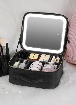 Портативная кожаная косметичка с зеркалом и подсветкой 26x23x11 см black
