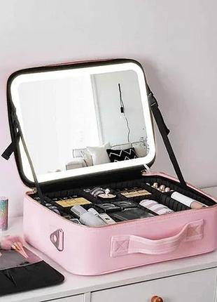 Портативная кожаная косметичка с зеркалом и подсветкой 26x23x11 см pink