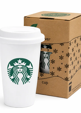 Керамічний кухоль starbucks з кришкою біла чашка старбакс у подарунковому пакованні
