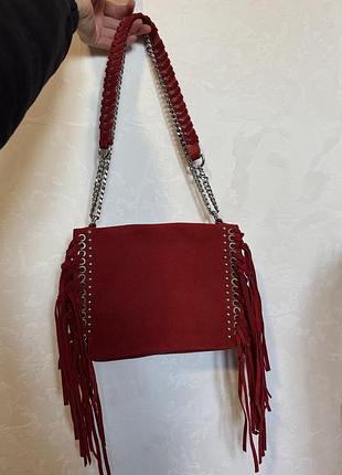 Сумка жіноча zara червона із замші з бахромою