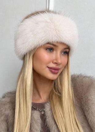 Жіноча тепла хутряна пов'язка на голову зі штучного хутра песець arctic молочна