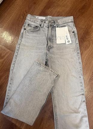 Джинси прямі довгі труби світло сірі zara straight fit high waist нова колекція zara 34