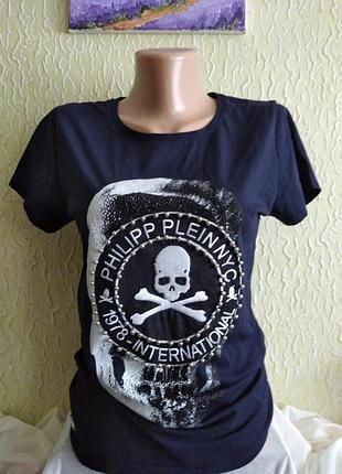Темно-синя жіноча футболка з декором спереду, р. s, philipp plein, швейцарія