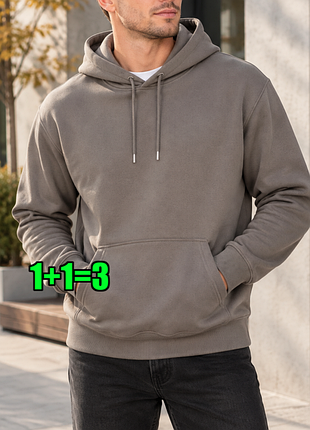 🤩1+1=3 фирменный серый мужской худи на флисе с копюшоном свитер h&amp;m, размер 44 - 46