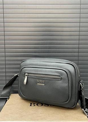 Крос-боді чоловіча hugo boss сіра шкіряна
