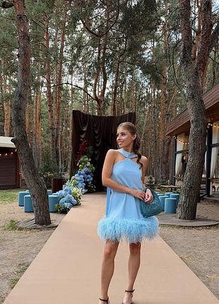 Вечірня сукня жіноча блакитна з пір'ям