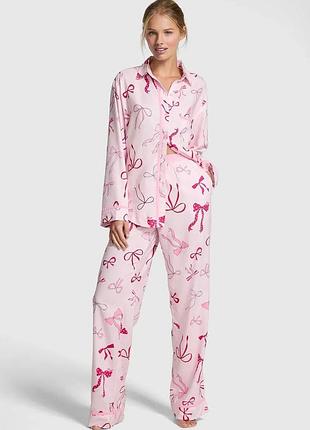 Рожева всесезон фланелева піжама оригінал flannel long pajama set, рожева з бантами сорочка + брюки victoria's secret