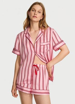 Піжама жіноча victoria's secret satin short pajama set рожева в смужку, розмір s, сатин