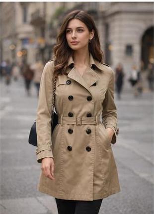 Жіночий бежевий тренч в стилі burberry середньої довжина