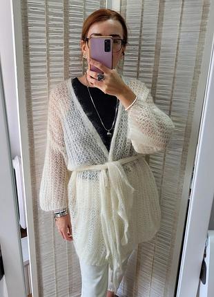 Женский итальянский однотонный кардиган oversize с поясом. вязаный. молочный. мохер/шерсть. one size