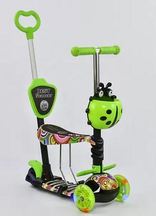 Детский самокат беговел 5в1 best scooter 33650 зелёный, родительская ручка, колеса с подсветкой, сиденье