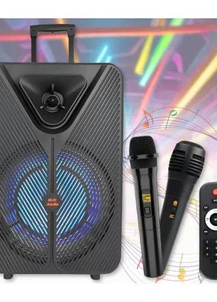 Портативная караоке-колонка на колесах sps zqs15123 40w, 15", led подсветка, с двумя микрофонами, tws и пульт