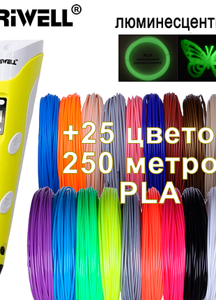 3d ручка myriwell 2 rp100b (оригинал) с lcd экраном +комплект пластика 25 цветов, 250 метров +трафареты