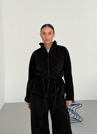 Женский флисовый спортивный костюм с кофтой на молнии с кулисками на талии с брюками с кулисками
