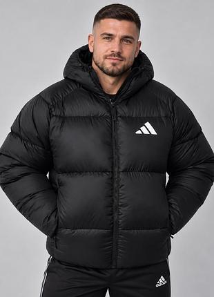 Чоловічий зимовий пуховик adidas чорний тепла водовідштовхувальна куртка на біопуху з капюшоном