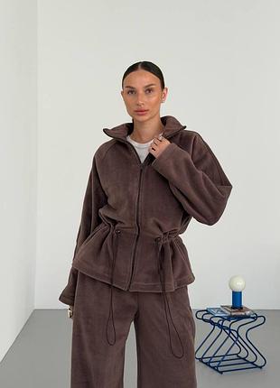 Женский флисовый спортивный костюм с кофтой на молнии с кулисками на талии с брюками с кулисками