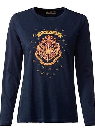 Лонгслів harry potter м бавовна футболка жіноча з круглим вирізом і довгим рукавом темно синій з емблемою хогвартса