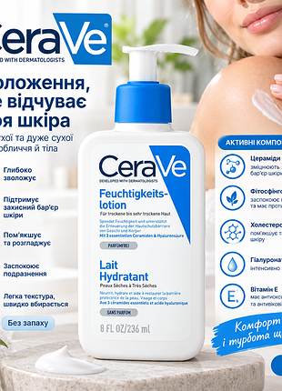 Cerave moisturising lotion 236 мл — зволожуюче молочко для сухої та дуже сухої шкіри обличчя й тіла, з церамідами та гіалуроновою кислотою