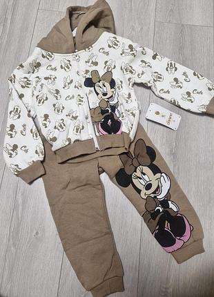 Костюм з начесом для дівчинки 18-24міс. 92-98 розміру з minnie mouse, утеплений комплект на осінь на зиму, набір кофта на замку, штани