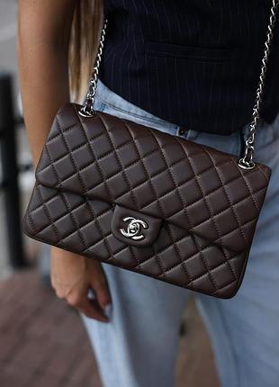 Сумочка жіноча шкіряна chanel classic 2.55 medium double flap in brown/silver