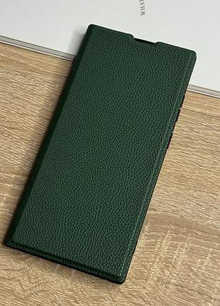 Шкіряний чохол книжка на samsung galaxy s23 ultra темно-зеленого кольору leather design