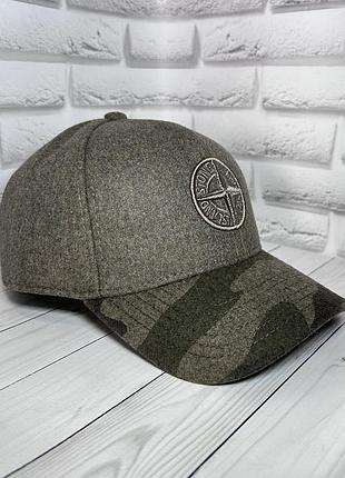 Тепла чоловіча бейсболка з вушками stone island, утеплена зимова кепка хакі, 57-58