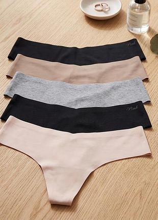 Базовий набір безшовних трусиків 5 шт victoria's secret pink 5-pack no-show thong panty