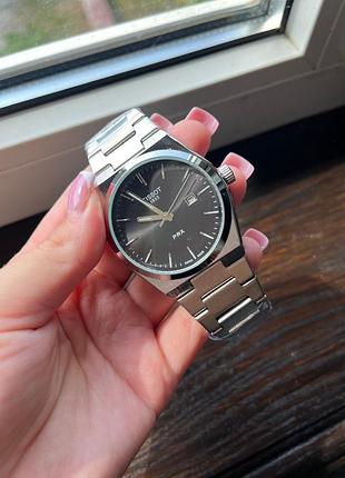 Чоловічий годинник tissot prx quartz — кварцовий, 40 мм, чорний циферблат, сапфірове скло, сталевий браслет