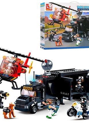 Конструктор sluban m38-b0659 полиция, трейлер, вертолет, фигурки, 540 деталей, в коробке, 47,5-33-6,5см