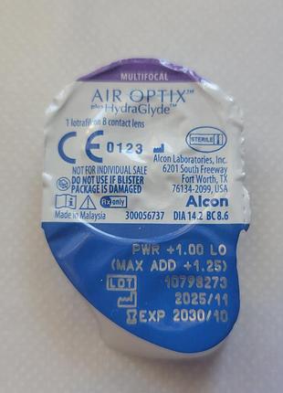 Контактна лінза alcon air optix plus hydraglyde multifocal  pwr +1.00 add +1.25