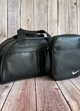 Комплект кожаный спортивная сумка nike + борсетка черная кожаная найк