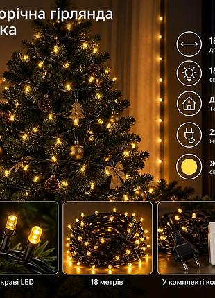 Новорічна гірлянда кімнатна нитка 18 м 180 led кімнатна гірлянда чорний провід жовте світло w180led18mby