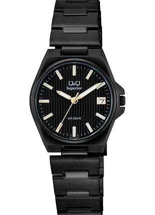 Жіночий годинник q&q s22a-008py superior чорний корпус чорний браслет дата водозахист 50 м чорний циферблат