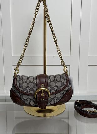 Сумка жіноча coach багет коричнева з сірим монограмом