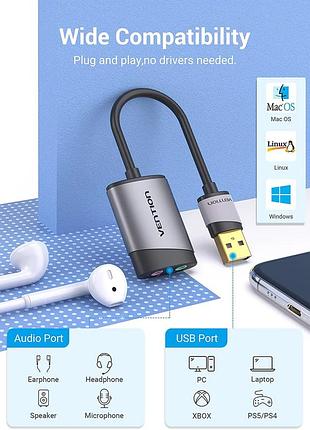 Адаптер vention usb external sound card. gray metal type (cdkhb) (cdkhb) 3