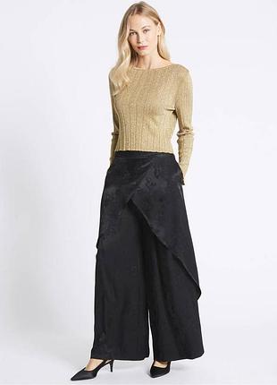 M&s collection — чорні широкі брюки-палаццо з жакардовим квітковим візерунком та асиметричною драпіровкою