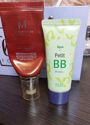Тональний крем bb holika holika aqua petit bb spf25 pa++ та missha m perfect cover bb cream