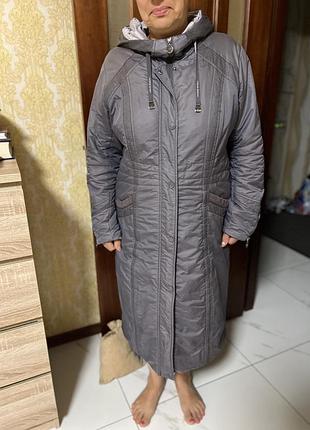 Пальто стьобане демісезонне жіноче mishele розмір 3xl (ukr 54, eu 48) довге сіре із капюшоном