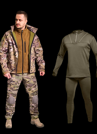 Тактический костюм демисезонный для военных softshell / флис windshell tactical + брюки с наколенниками мультикам + термокостюм m