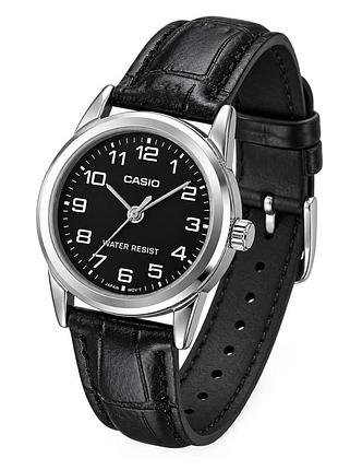 Жіночий годинник casio ltp-v001l-1b з чорним шкіряним ремінцем та кварцовим механізмом